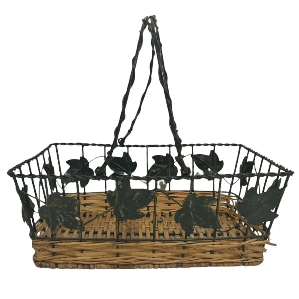 Vintage Basket Hand Crafted Woven Wicker Metal Cottage Kitchen Gathering Basket